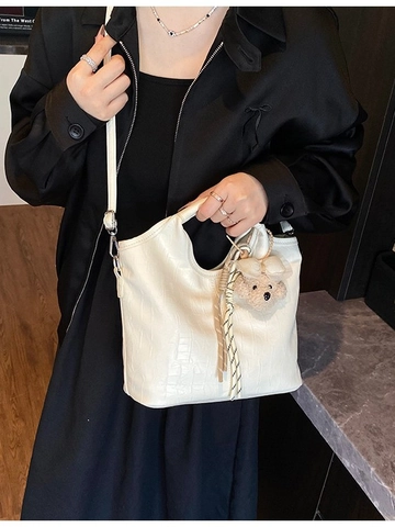 Fashion Women Crocodile Pattern PU Leather Bucket Bag Large Capacity Crossbody Shoulder Handbag With Plush Bear Charm