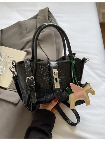 Damen Krokodilmuster PU Leder Eimertasche Schicke Handtasche Mit Flügelpferd Anhänger Umhängetasche Elegante Geldbörse