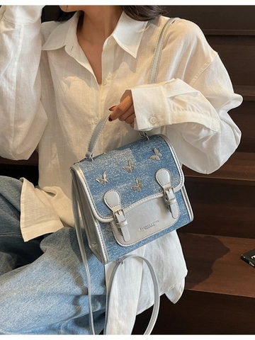 Borsa a Tracolla Vintage a Farfalla da Donna in Tessuto Misto e Pelle Sintetica Piccola Borsa Quadrata Casual Messenger a Mano