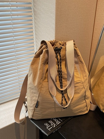 Women Fashion Plaid Drawstring Backpack Large Capacity Polyester Fabric Checkered Travel Bag Minimalist Shoulder Bag