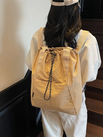 Women Fashion Plaid Drawstring Backpack Large Capacity Polyester Fabric Checkered Travel Bag Minimalist Shoulder Bag