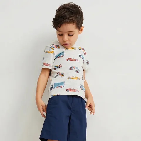Jungen 100% Baumwolle Cartoon Fahrzeug Print T-Shirt Sommer Kurzarm Rundhals Meliertes Grau Lässig Kinder Top