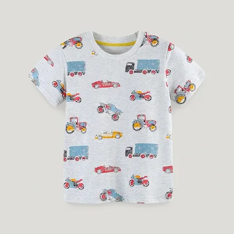 Jungen 100% Baumwolle Cartoon Fahrzeug Print T-Shirt Sommer Kurzarm Rundhals Meliertes Grau Lässig Kinder Top