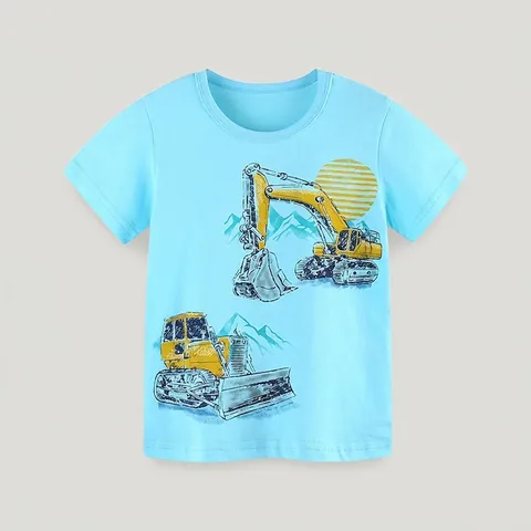 Boys Cartoon Excavator Print Cotton T-Shirt Short Sleeve Round Neck Casual Construction Vehicle Summer Top For Kids