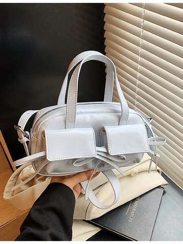 Women Fashion Shiny PU Leather Bowling Bag With Bow Decor Double Front Pockets Versatile Shoulder Handbag Large Capacity Top Handle Bag