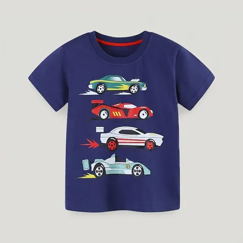 Maglietta da Ragazzo 100% Cotone Manica Corta Stampa Cartoon Auto da Corsa Girocollo Bambini Estate Casual Traspirante