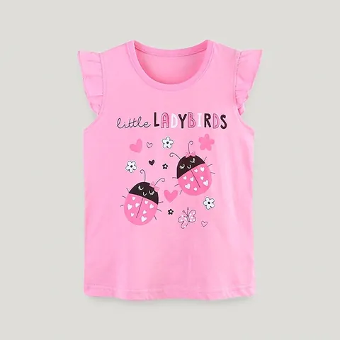 Maglietta Senza Maniche in Cotone Rosa con Volant per Bambina Carina con Stampa a Coccinella Cartone Animato Top Estivo