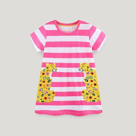 Mädchen Sommer Baumwollkleid Europäischer Stil Rosa Weiß Gestreift Cartoon Leopard Aufnäher Stickerei Kurzarm Prinzessin Kleid