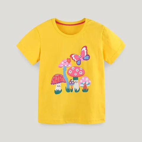 T-Shirt da Bambina in Cotone a Manica Corta Fungo Farfalla Cartone Animato Stampa Giallo Top Casual Estivo