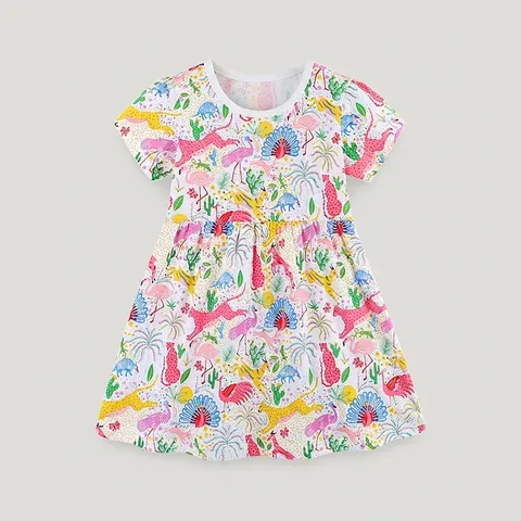 Vestido de Verano de Algodón de Manga Corta para Niña con Estampado Tropical de Animales de Dibujos Animados Cuello Redondo