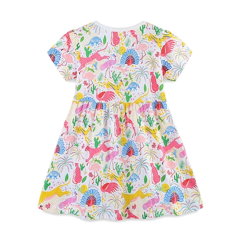 Vestido de Verano de Algodón de Manga Corta para Niña con Estampado Tropical de Animales de Dibujos Animados Cuello Redondo
