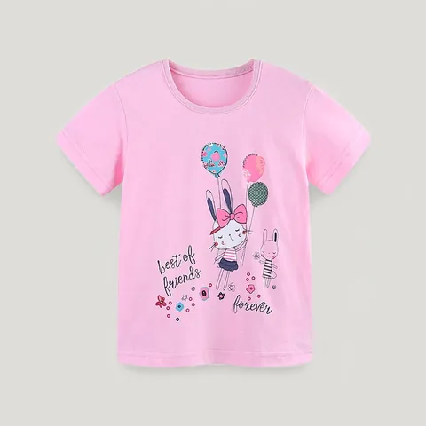 Mädchen Sommer Baumwolle T-Shirt Rosa Kurzarm Top Cartoon Hase Druck Europäischer Stil Rundhals Lässig Kinder Kleidung