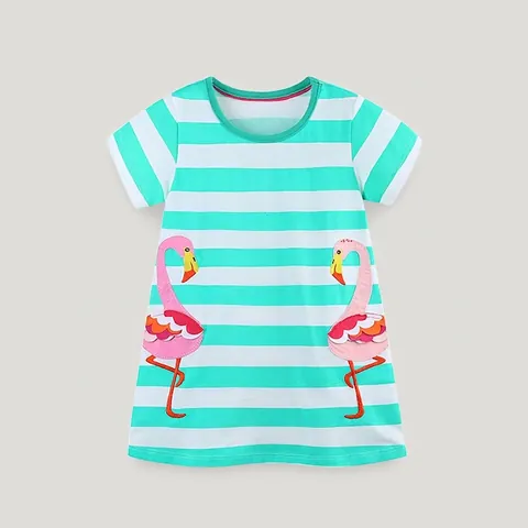 Vestito da Principessa a Maniche Corte in Cotone a Righe con Fenicottero per Bambina Abito Casual Estivo Verde Menta a Righe con Patchwork Ricamato