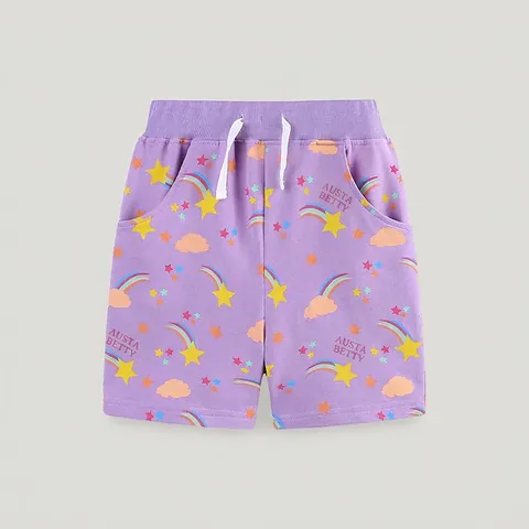 Kinder Mädchen Sommer Baumwolle Lässige Shorts Lila Cartoon Regenbogen Stern Print Sportliche Elastische Bund Shorts
