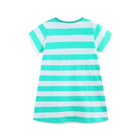Vestito da Principessa a Maniche Corte in Cotone a Righe con Fenicottero per Bambina Abito Casual Estivo Verde Menta a Righe con Patchwork Ricamato