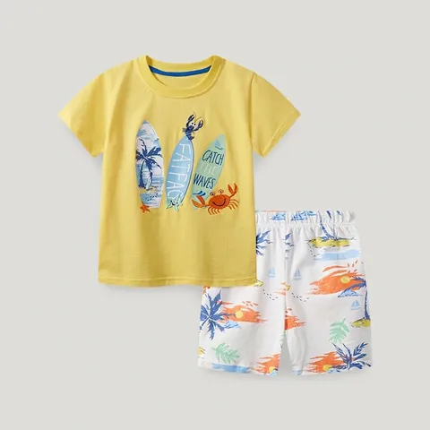 Toddler Boys Summer Cotton 2-Piece Set Yellow Cartoon Surfboard Printed Short Sleeve T-Shirt And Tropical Beach Shorts