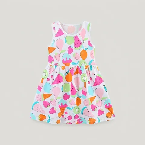 Sommer Mädchen Baumwolle Ärmellos Kleid Süß Frucht Druck Prinzessin Kleid Cartoon Rundhals Weste Rock Lässig Kleinkind Outfit