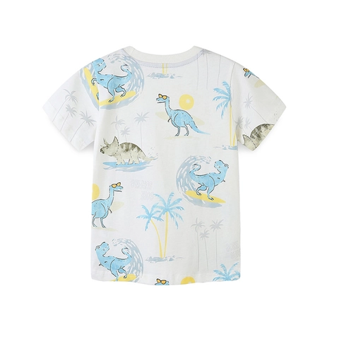 T-Shirt en Coton à Manches Courtes Été Garçon Mignon Dinosaure de Dessin Animé Surf Imprimé Décontracté Col Rond Pull Haut Enfants