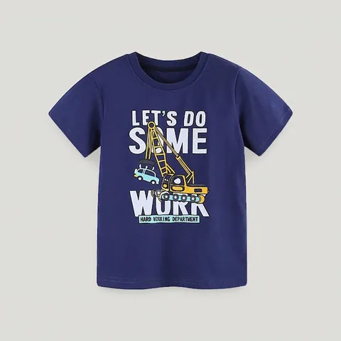 Maglietta da Ragazzo a Maniche Corte in Cotone Estivo con Stampa Grafica di Escavatore per Bambini Casual Girocollo Blu