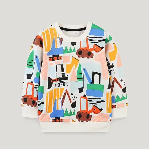 Kinder Jungen Baumwolle Sweatshirt Cartoon Baufahrzeug Druck Langarm Rundhals Lässig Pullover Herbst Frühling Top