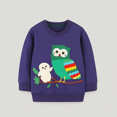 Sweat-shirt en Coton pour Garçons Hibou de Dessin Animé Brodé Manches Longues Col Rond Pull Top pour Enfants Tout-petit Automne Décontracté