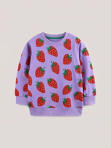 Felpa da Bambina in Cotone a Maniche Lunghe con Stampa di Fragole Cartoon Pullover Girocollo Abbigliamento Casual Autunnale