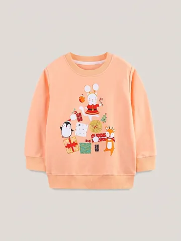 Sweat-shirt en Coton à Imprimé Dessin Animé de Noël pour Filles Automne Hiver Manches Longues Col Rond Pull pour Enfants