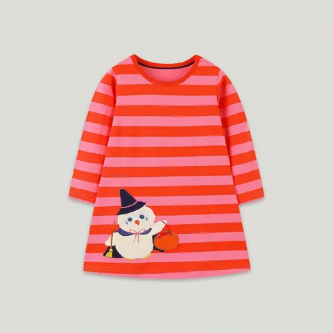 Vestito a Righe a Maniche Lunghe di Halloween per Bambine Con Ricamo Patchwork Gufo Girocollo in Maglia di Cotone