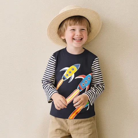 Maglietta a Maniche Lunghe per Ragazzi Razzo Cartone Animato Stampa Fluorescente Top in Cotone Patchwork a Righe Casual Bambini