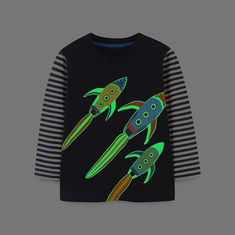 Maglietta a Maniche Lunghe per Ragazzi Razzo Cartone Animato Stampa Fluorescente Top in Cotone Patchwork a Righe Casual Bambini