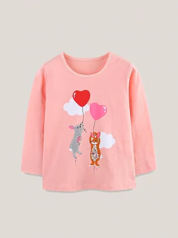 Maglietta a Maniche Lunghe in Cotone per Bambina Con Stampa a Cuore di Coniglio Cartone Animato Girocollo Morbida Maglia