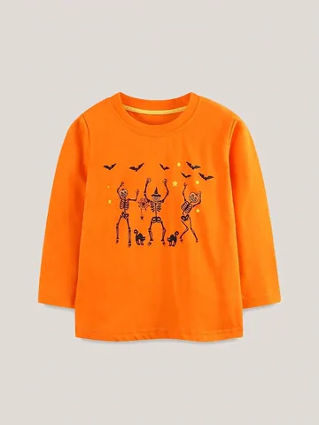 T-Shirt a Maniche Lunghe per Bambini con Stampa Scheletro Danzante di Halloween 100% Cotone Arancione Top Casual Autunnale