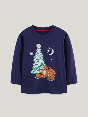 Maglietta Natalizia a Maniche Lunghe da Ragazzo 100% Cotone Fluorescente Stampa Renne Albero Autunno Inverno Top di Moda