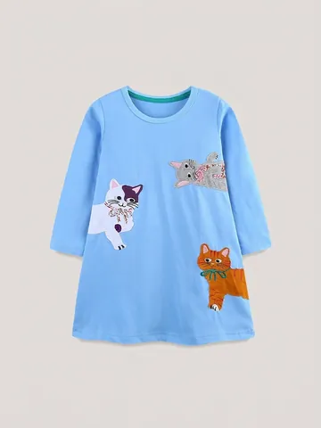 Robe à Manches Longues en Coton Tricoté pour Filles Broderie Appliquée Chat de Dessin Animé Robe de Princesse Bleue