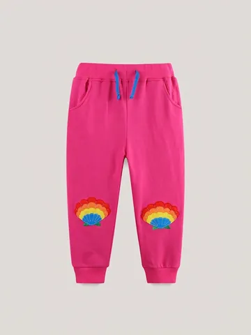 Pantaloni Sportivi da Bambina in Cotone Rosso Rosa Con Ricamo a Conchiglia Arcobaleno Pantaloni Casual per Uso Quotidiano