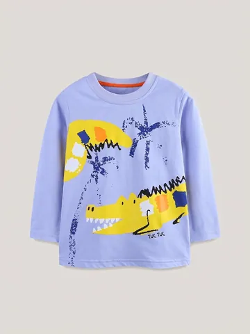 Kinderen Lange Mouw Katoenen T-Shirt Western Stijl Cartoon Krokodil Palmboom Print Ronde Hals Herfst Casual Top