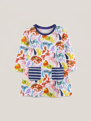 Abito a Maniche Lunghe con Stampa Animale del Cartone Animato per Bambine in Cotone Stile Principessa Girocollo