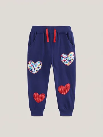 Kinder Mädchen Baumwolle Sporthose Herz Stickerei Aufnäher Kleinkinder Baby Jogger Marineblau Herbst Rippbund Hose