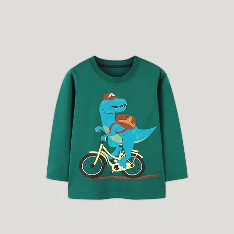 Maglietta a Maniche Lunghe in Cotone per Ragazzi Stampa Cartoon Dinosauro Girocollo Pullover Top Primavera Autunno Abbigliamento Casual Bambini
