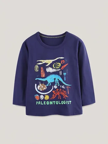 Maglietta a Maniche Lunghe da Ragazzo in Cotone con Stampa Fossile di Dinosauro Girocollo Casual Grafica Paleontologo
