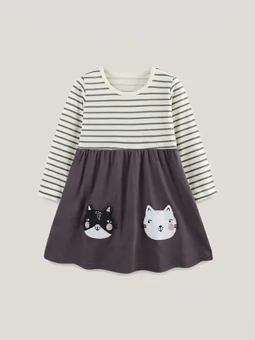 Abito a Maniche Lunghe a Righe da Bambina in Cotone Con Ricamo Gatto Patch Casual Vestito da Principessa Autunno Primavera