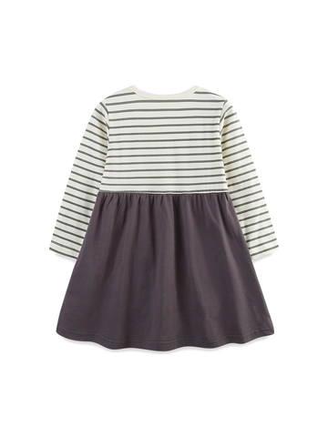 Abito a Maniche Lunghe a Righe da Bambina in Cotone Con Ricamo Gatto Patch Casual Vestito da Principessa Autunno Primavera