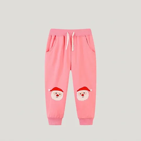 Girls Pink Cotton Sweatpants Christmas Santa Claus Embroidery Joggers Soft Elastic Waist Casual Pants For Kids