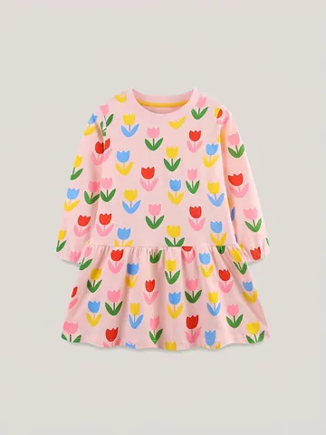 Toddler Girl Cotton Long Sleeve Dress Floral Printed Crew Neck Princess Dress Western Style Kids Autumn Spring Clothing