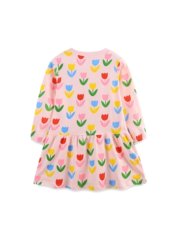 Toddler Girl Cotton Long Sleeve Dress Floral Printed Crew Neck Princess Dress Western Style Kids Autumn Spring Clothing