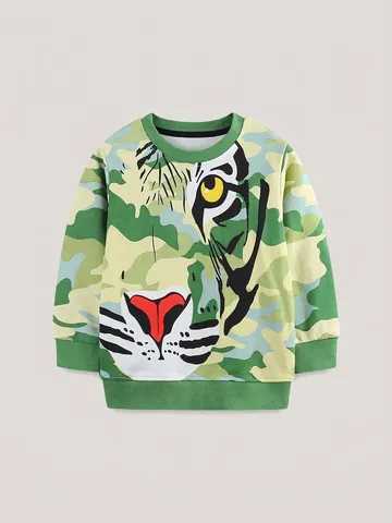 Felpa Casual da Ragazzo in Cotone Con Stampa Mimetica a Faccia di Tigre Autunno Manica Lunga Girocollo Pullover Sportiva