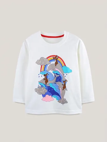 Girls Long Sleeve Cotton T-Shirt Autumn Cartoon Dolphin Rabbit Rainbow Printed Round Neck Bottoming Top For Kids