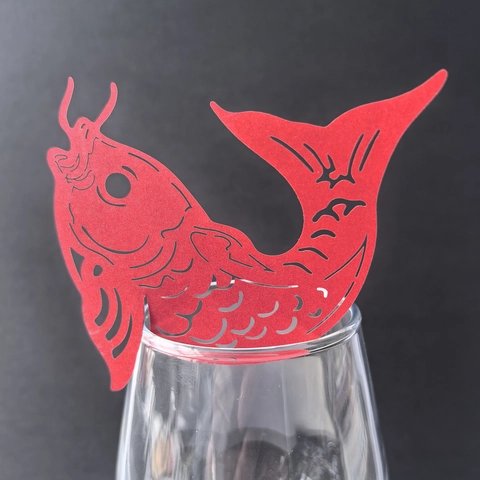 Hollow Out Fish Shape Wine Glass Place Cards Laser Cut Paper Name Card For Wedding Party Table Decorations Red Carp Cup Markers