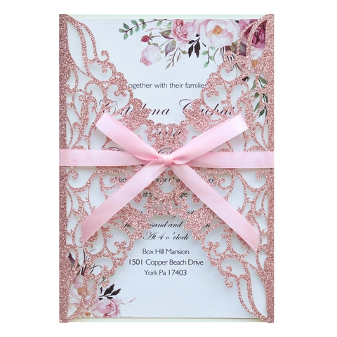 Invito di Nozze Taglio Laser Glitter Con Fiocco in Raso Motivo a Rose Traforate per Fidanzamento Festa Evento Cerimonia