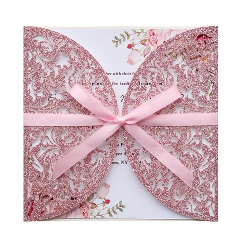 Laser Cut Wedding Invitations Glitter Hollow Floral Invitation Cards With Ribbon Envelope Inner Sheet For Marriage Party